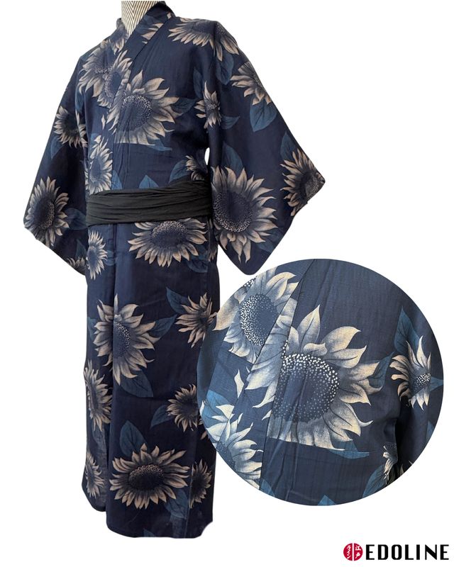 Schwarzer Herren Yukata mit Sonnenblumen Gr. M