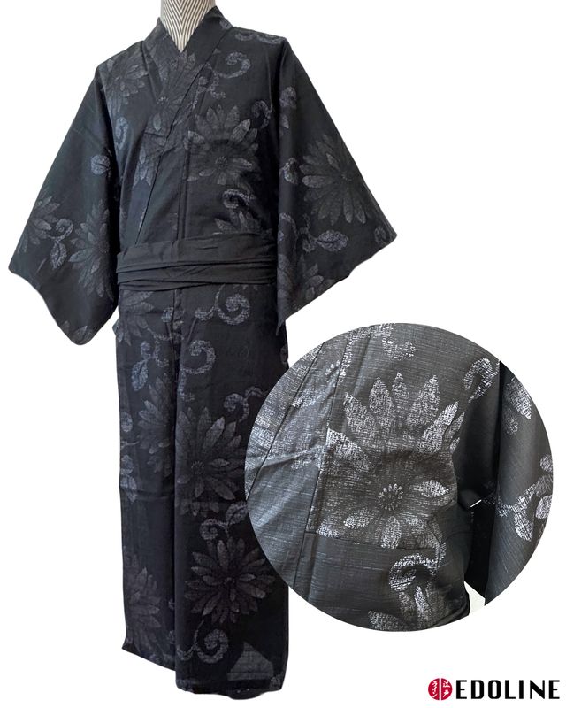 Schwarzer Herren Yukata mit Blumen Gr. M