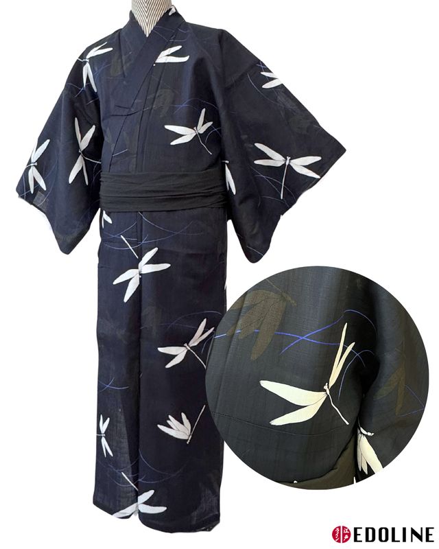 Schwarzer Herren Yukata mit Libellen Gr. M