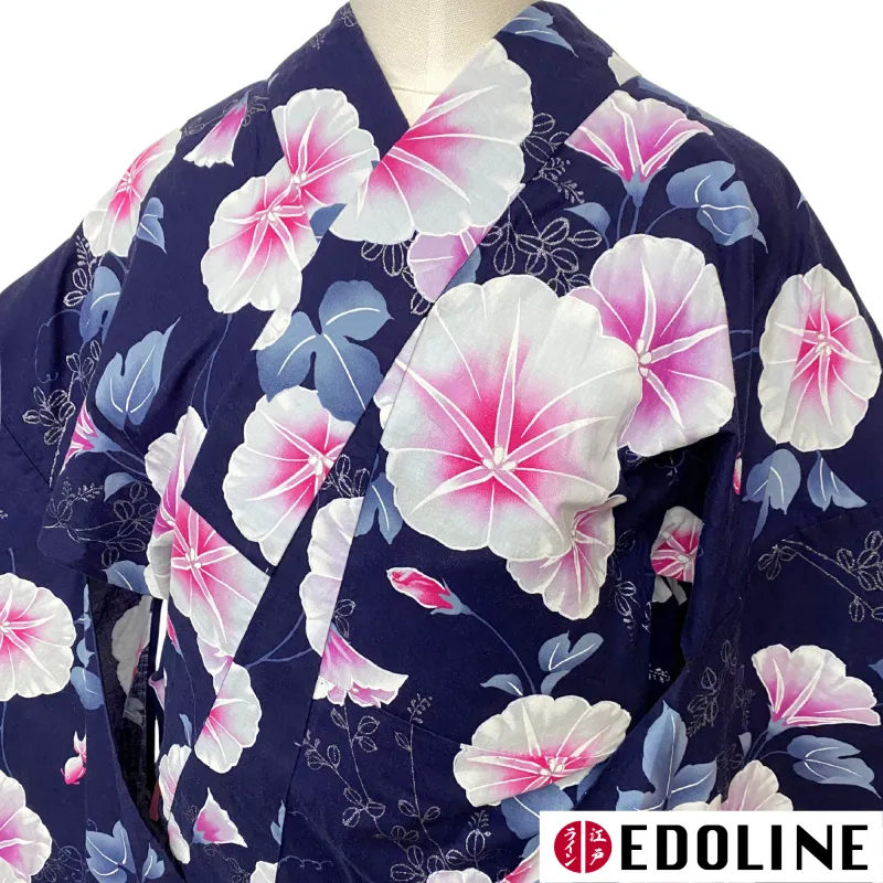 Blauer Yukata mit rosa Asagao Blumen und Goldfischen