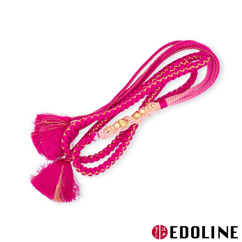 Pink-Rosa Furisode Obijime mit Herz und Perlen