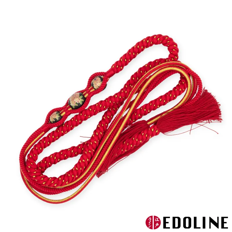 Roter Furisode Obijime mit schwarzen Perlen Obidome