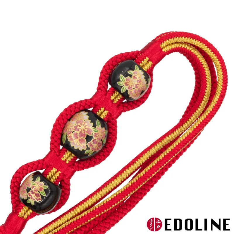 Roter Furisode Obijime mit schwarzen Perlen Obidome