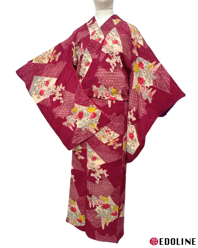 Antiker rötlich violetter Vintage Komon Kimono