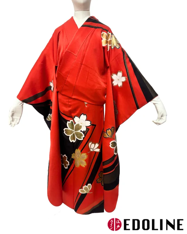Rot Schwarzer Furisode mit großen Sakura-Blüten