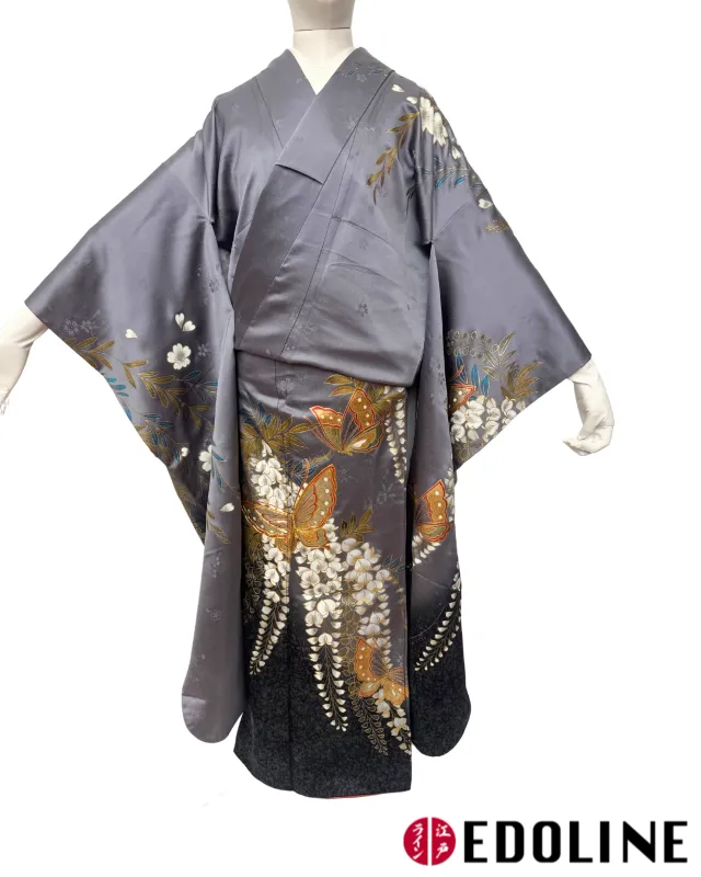 Silberner Furisode mit Schmetterlingen und Glyzinie