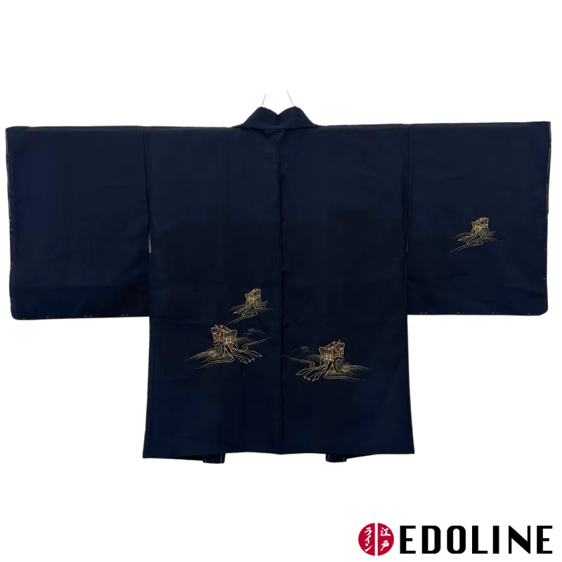 Schwarzer Haori, Kimono-jacke mit Wagen Stickerei
