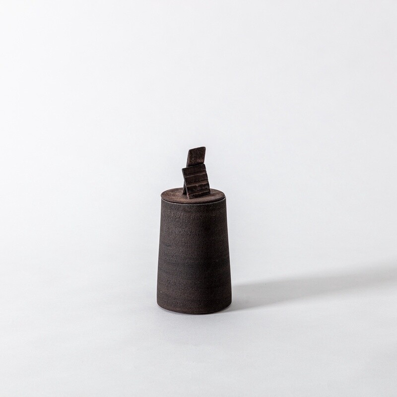 Tall Lidded Vessel with Stacked Planes, Rust Black