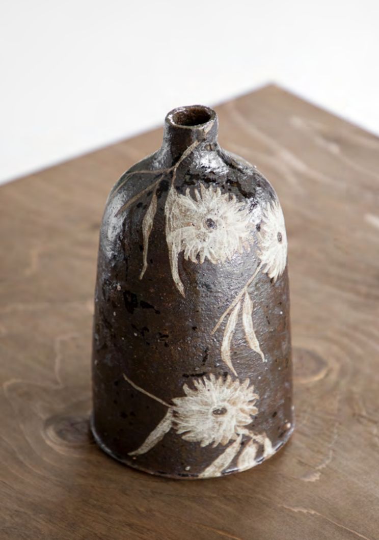 Black Vessel with Eucalyptus Flowers
