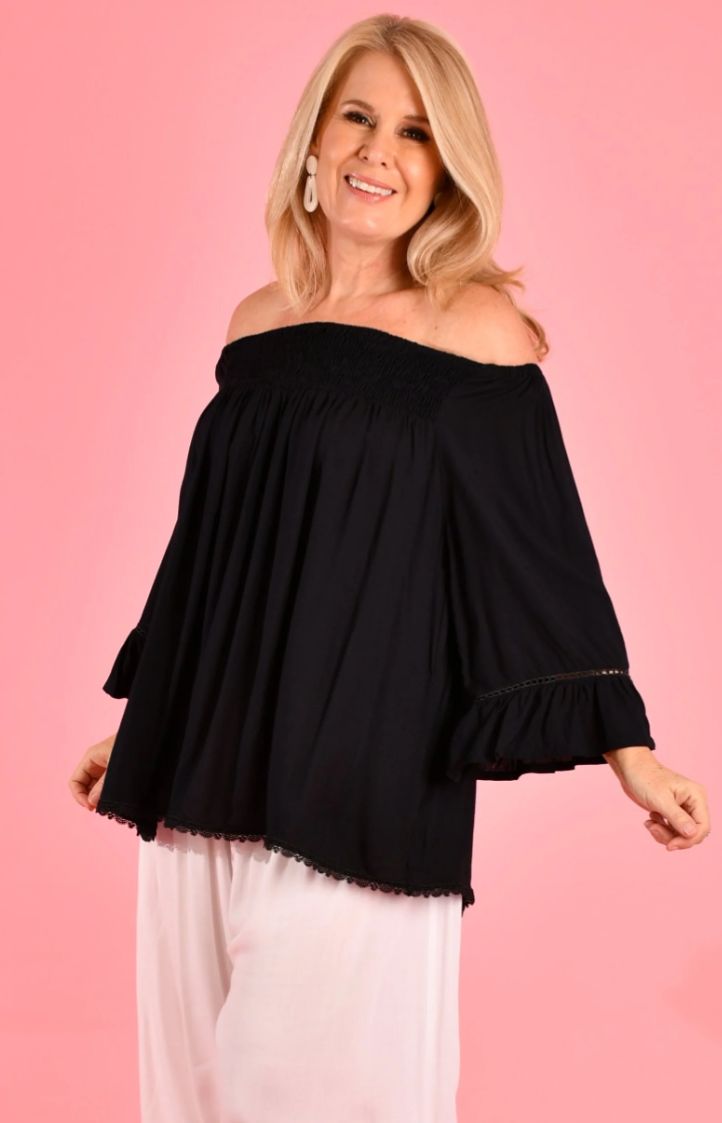 VBLT113 Rouched bell sleeve top, Colour: Black