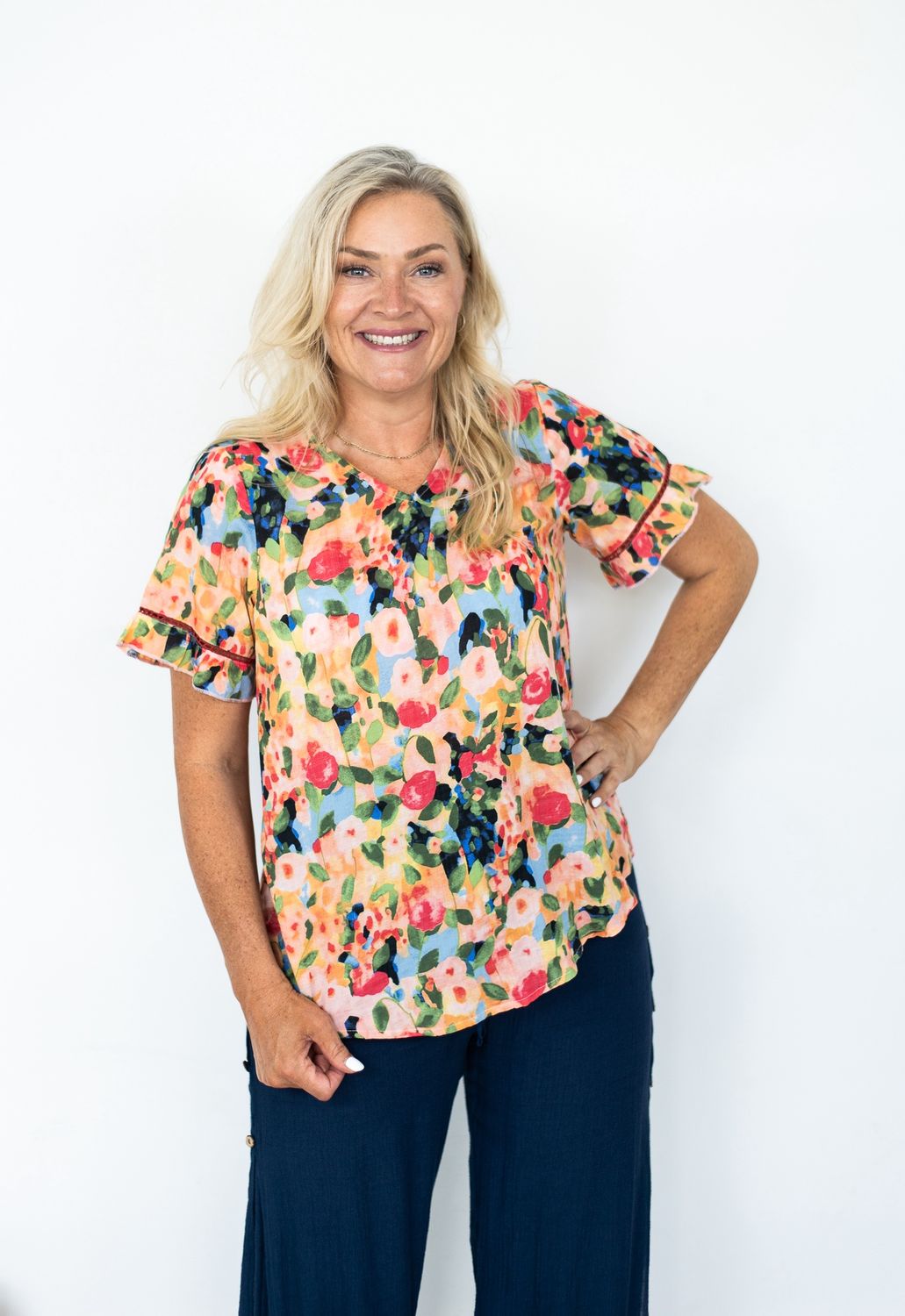 32671 -1A Printed frill sleeve Top