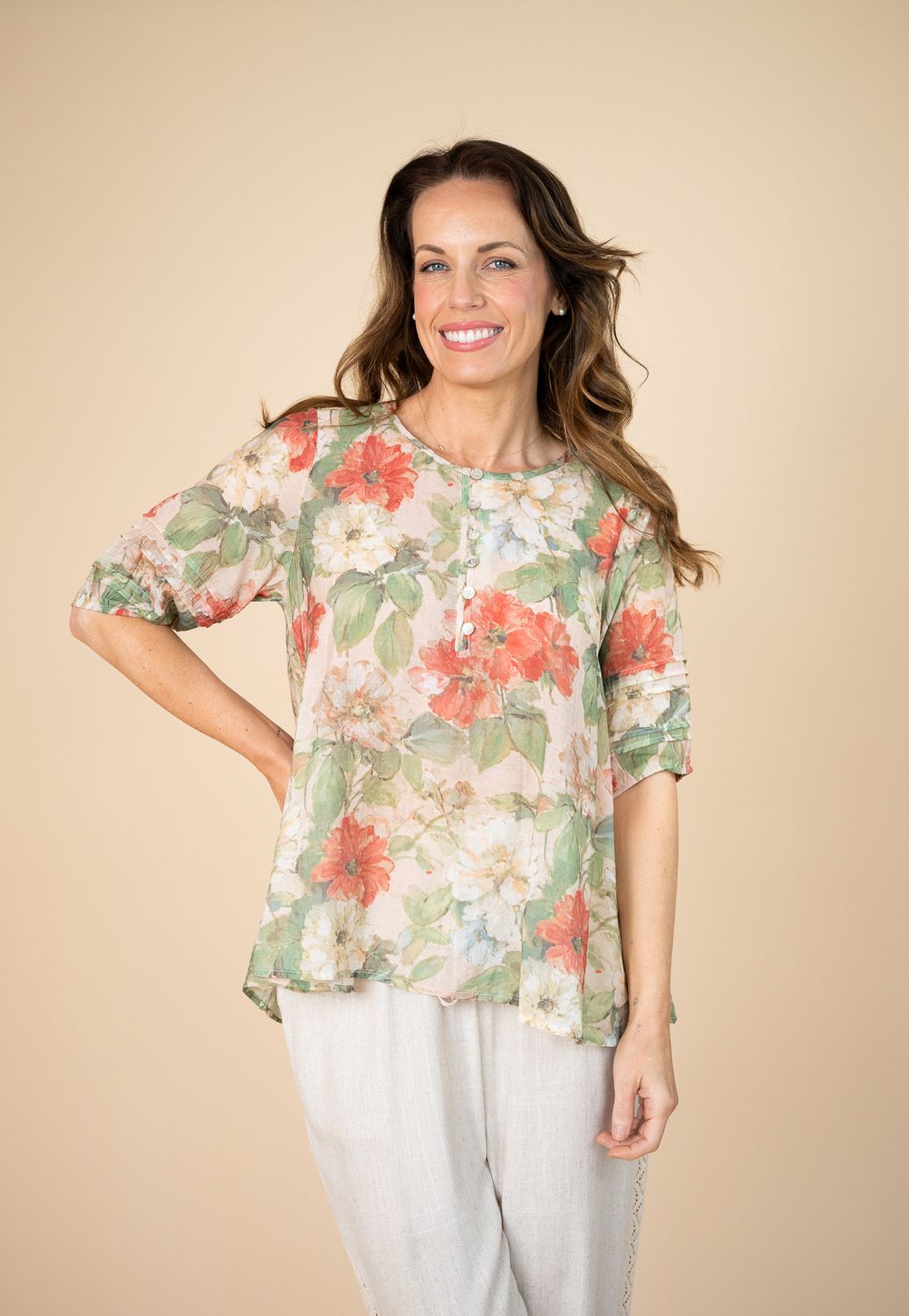 32958-5A Floral Pleated sleeve Top, Colour: Green, Size: 10