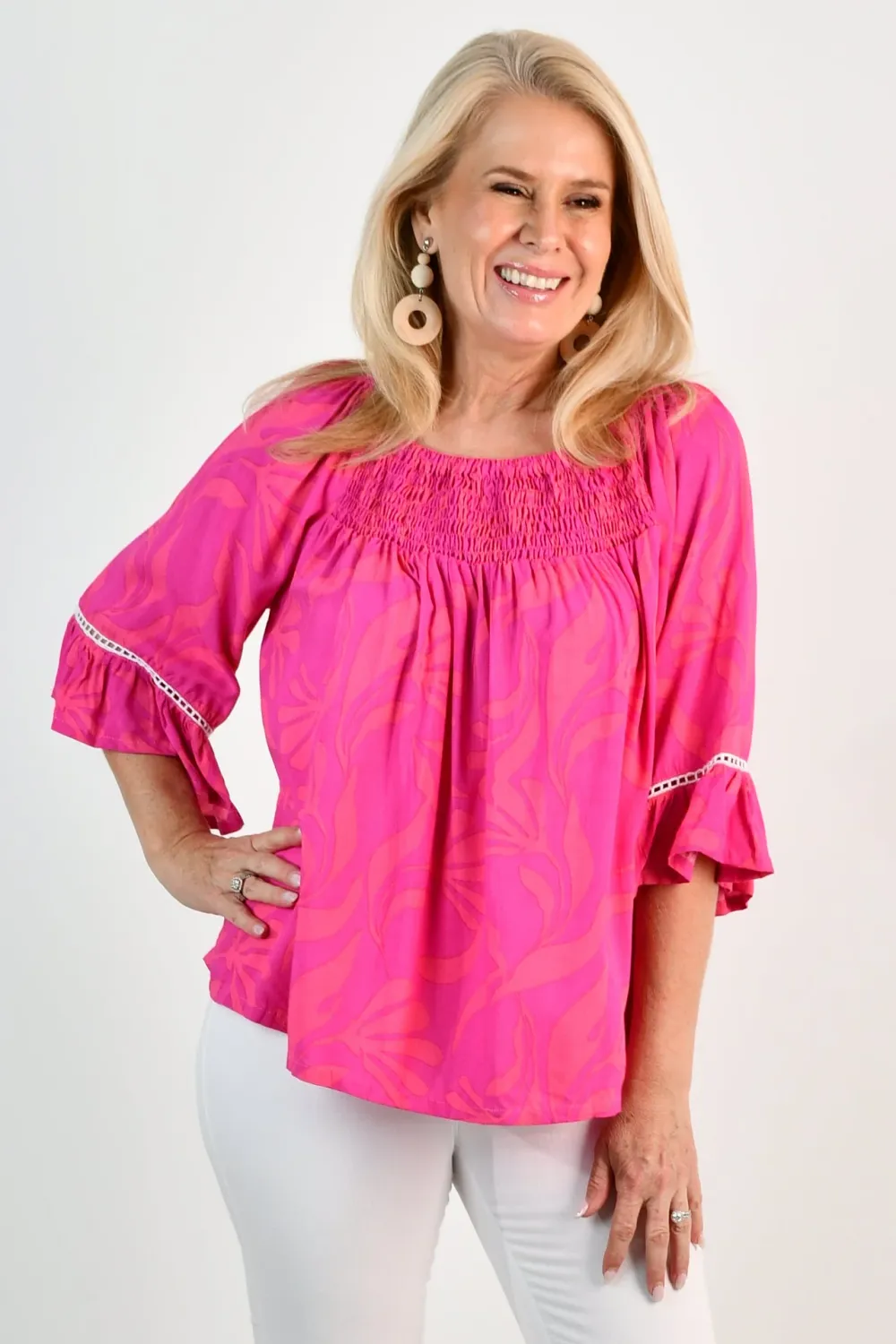 VBLT113 - ROUCHED BELL SLEEVE TOP - FUCHSIA PARADISE