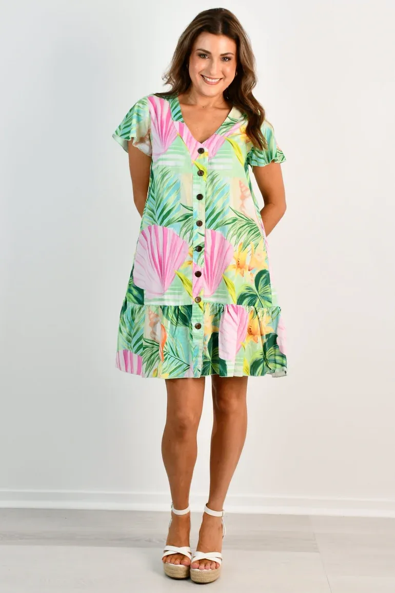 VGLD219 - CAP SLEEVE BUTTON DRESS - PALM REEF GREEN