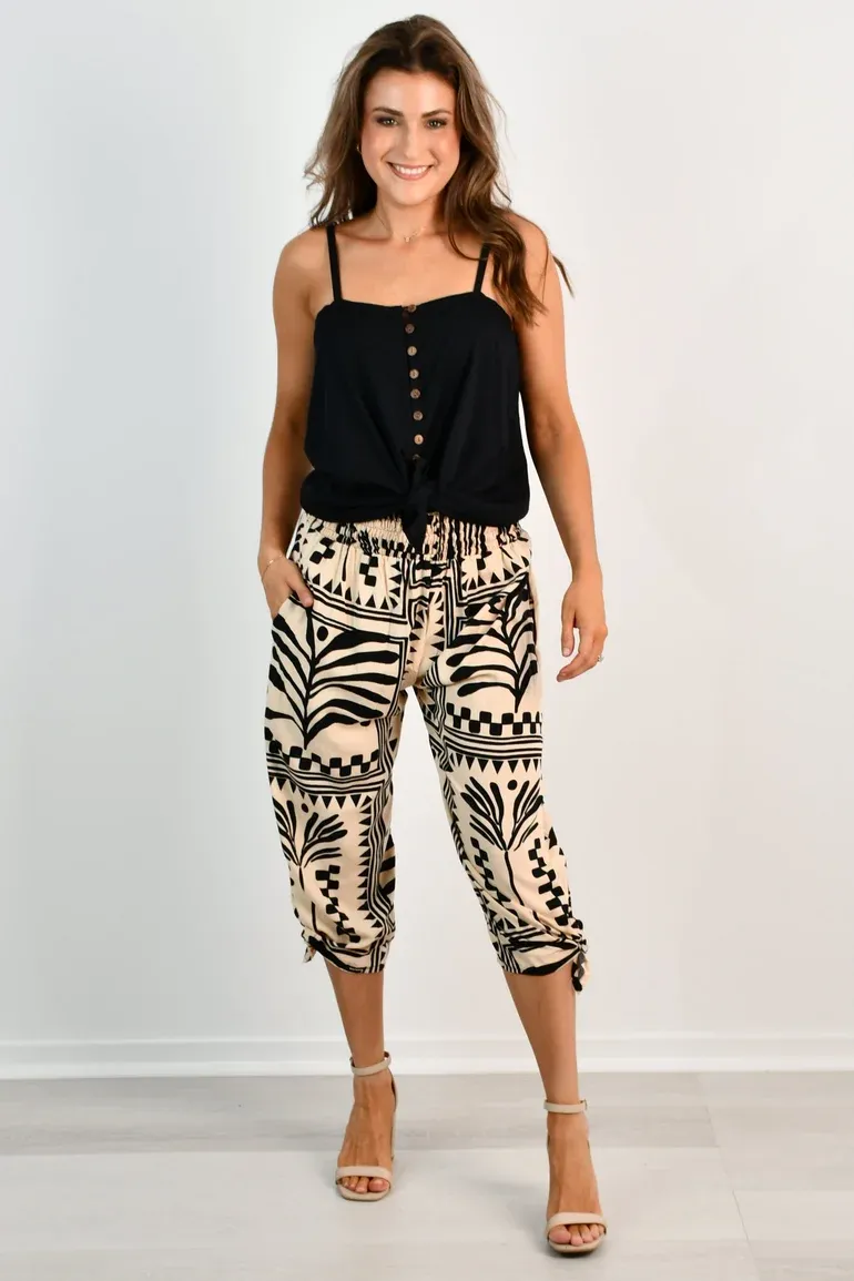 VGLP051 - 3/4 ROUCHED TIE PANTS - TRIBAL ARTISAN CREAM