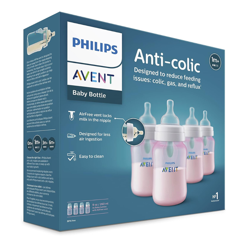 Philips Avent Anti-Colic Baby Bottle with AirFree Vent, 9oz, 4pk, Pink