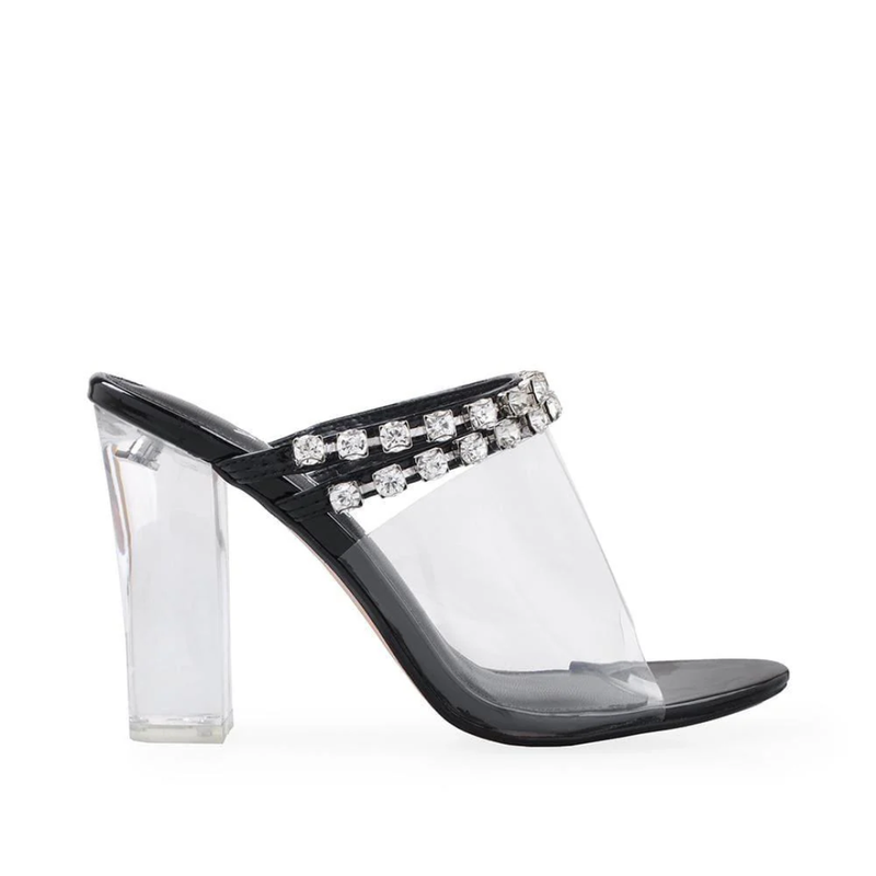 Fashion Nova Rhinestone encrusted straps and a clear acrylic heel