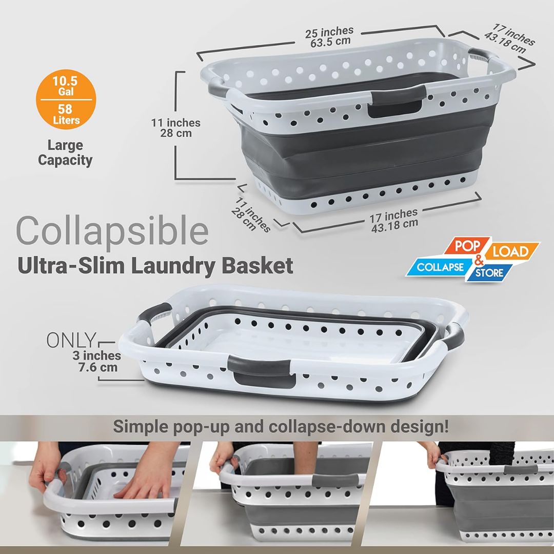 Pop &amp; Load Collapse and Store Collapsible Plastic Laundry Basket, Large 1 pc Pop Up Laundry Hamper with 3 Comfort Grip Handles, 10.5 Gallons, Gray