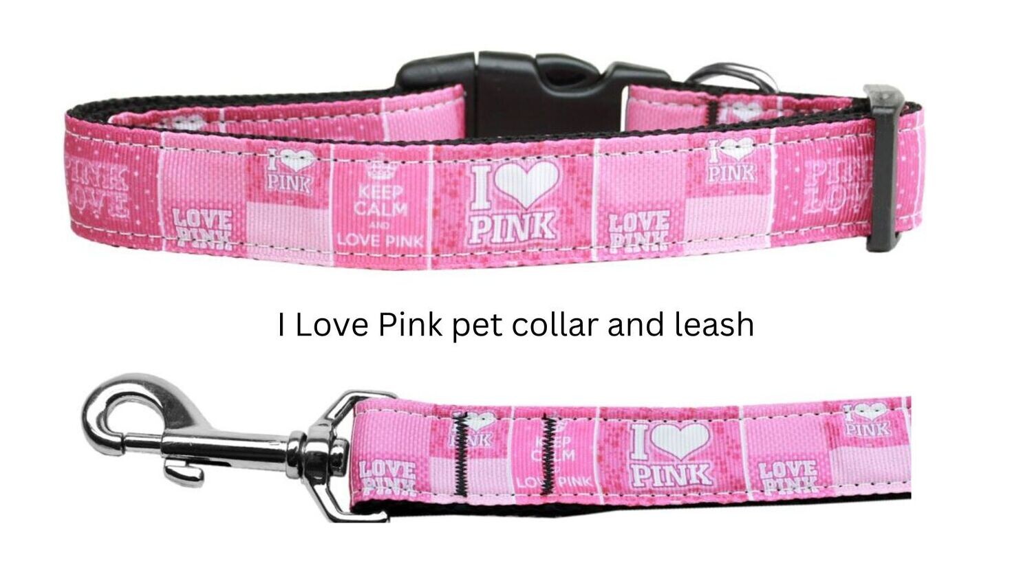 &quot;I Love Pink&quot; Small to XLarge Nylon Dog Cat Nylon Collar And/or Leash