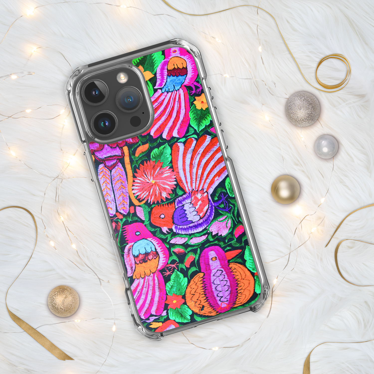 Vibrant Otomi Embroidered Bird and Floral Phone Case for iPhone 12, 13, 14, 15, 16. iPhone 12, 13, 14, 15, 16 Pro Max. Phone case for women.