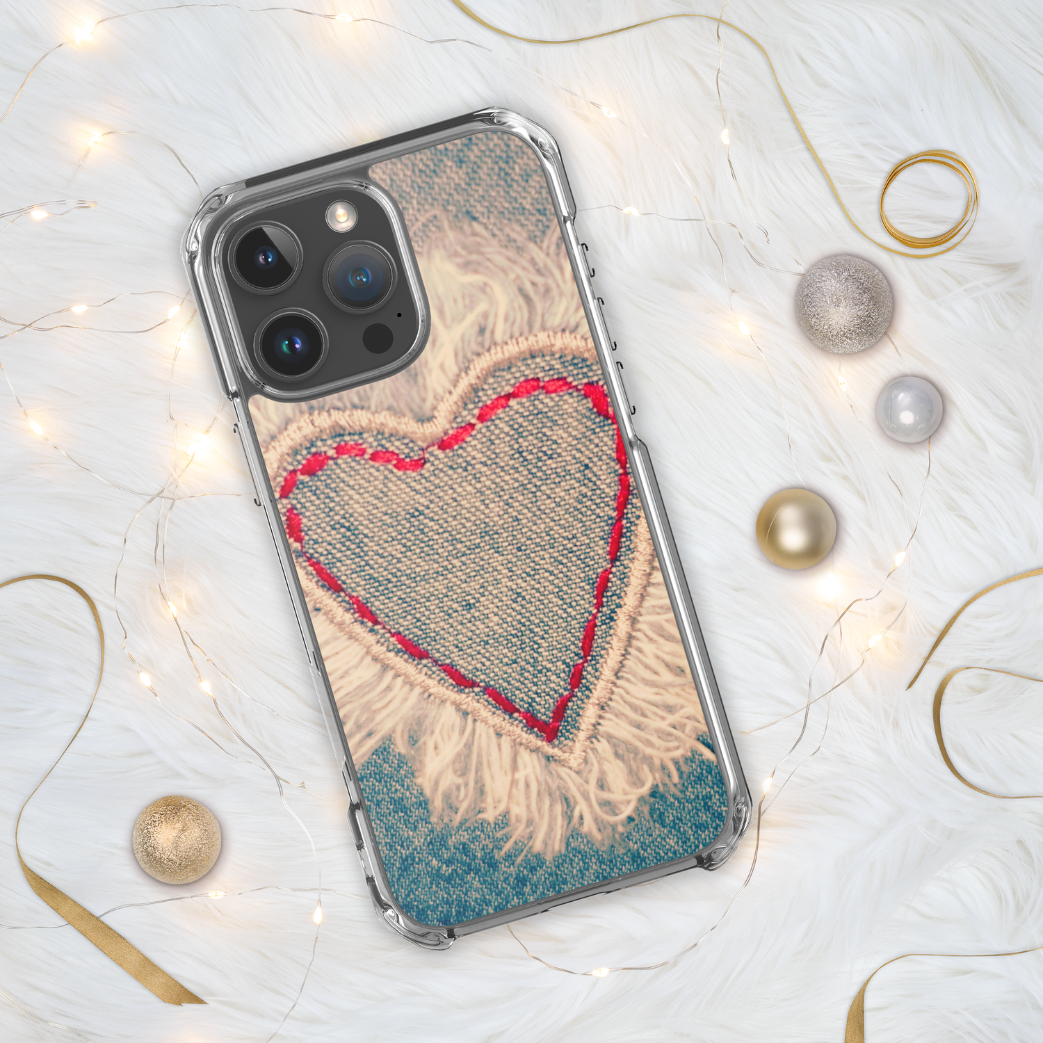 Denim Look Heart Phone Case, Faux Handmade Look - Boho Rustic Design
