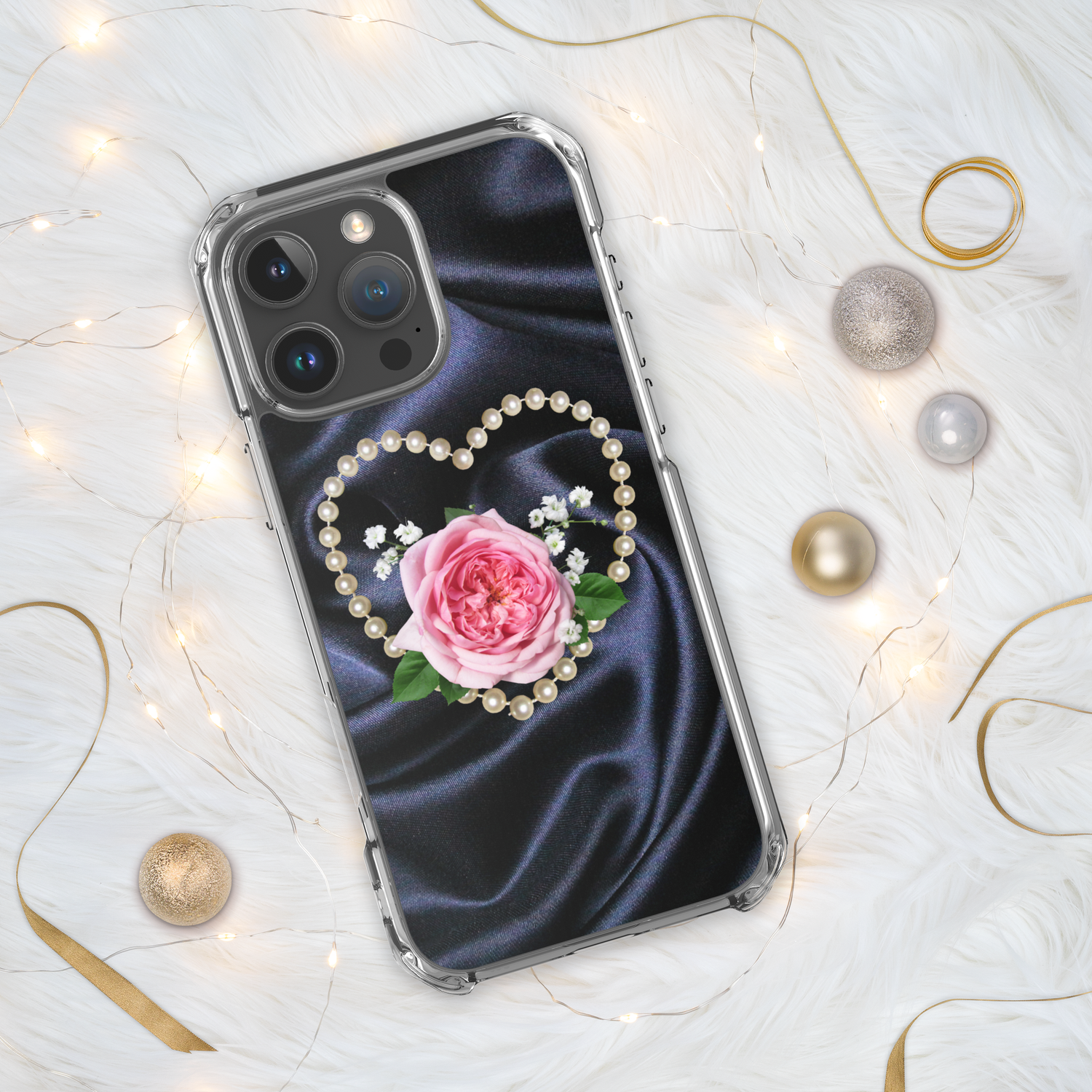 Elegant Pearl Heart and Rose Phone Case - Luxurious Floral Design. Phone Case for iPhone. iPhone 12, 13, 14, 15, 16. iPhone 12, 13, 14, 15, 16 Pro Max. Phone case for women.