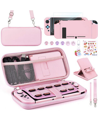 Younik Switch Zubehör Bundle, 15 in 1 Pink Switch Zubehör Kit für Mädchen enthalten Switch Tragetasche, Verstellbarer Ständer, Schutzhülle für Switch Konsole & J-Con(Hellrosa)
