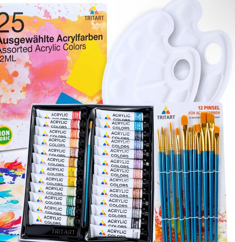 Acryl-Farben-Set HOCHWERTIG | Malfarben Tuben 25 x 12ml mit 12 Pinsel und 2 Mischpaletten | Acrylic Paint Acryl-Farben-Set HOCHWERTIG | Malfarben Tuben 25 x 12ml mit 12 Pinsel und 2 Mischpaletten | Acrylic Paint