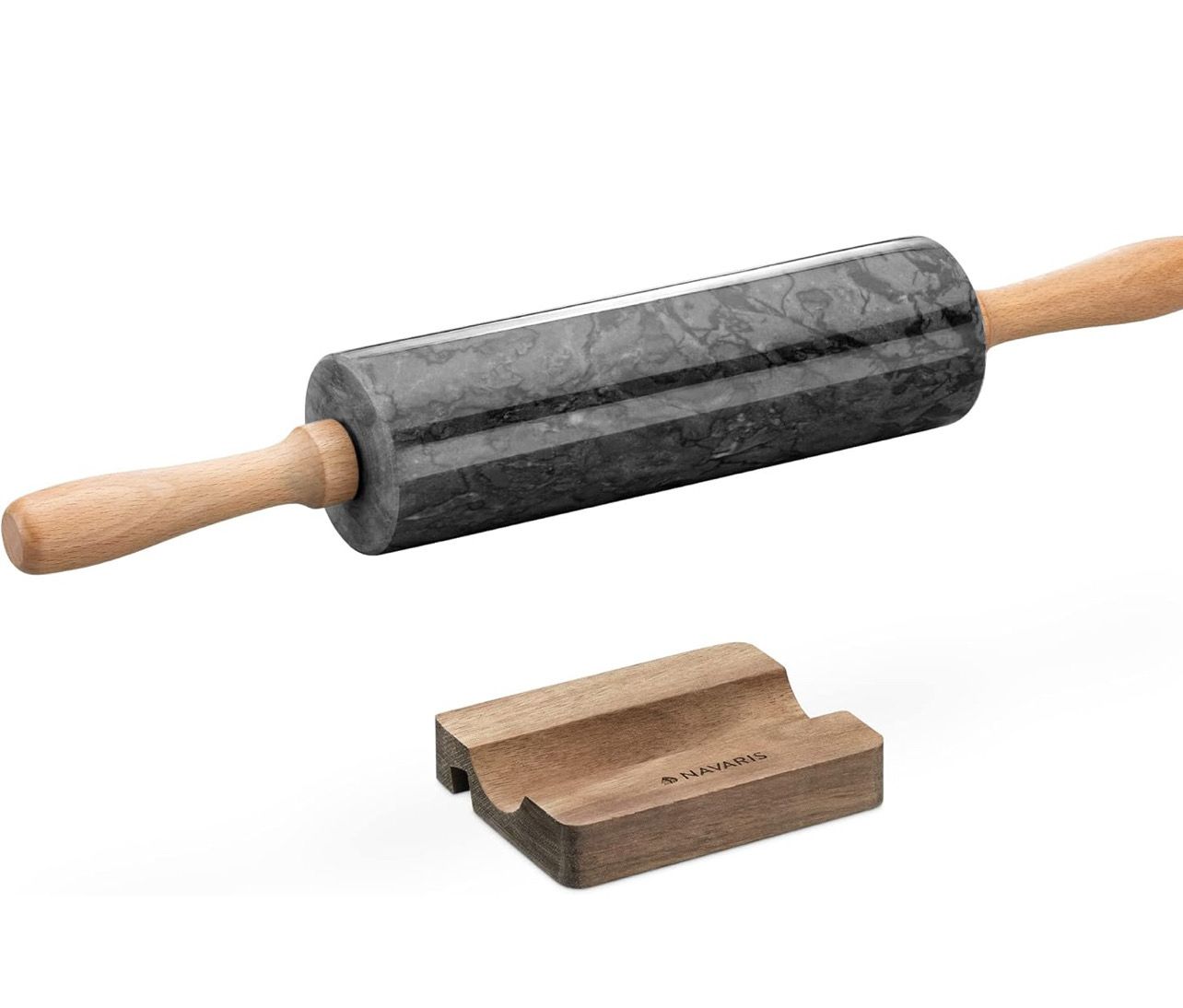 Teigrolle und Ablage - Marmor Stein Nudelrolle mit Holzgriffen - Set aus Nudelholz und Handy Halterung - Ständer für Fondantrollen - schwarz