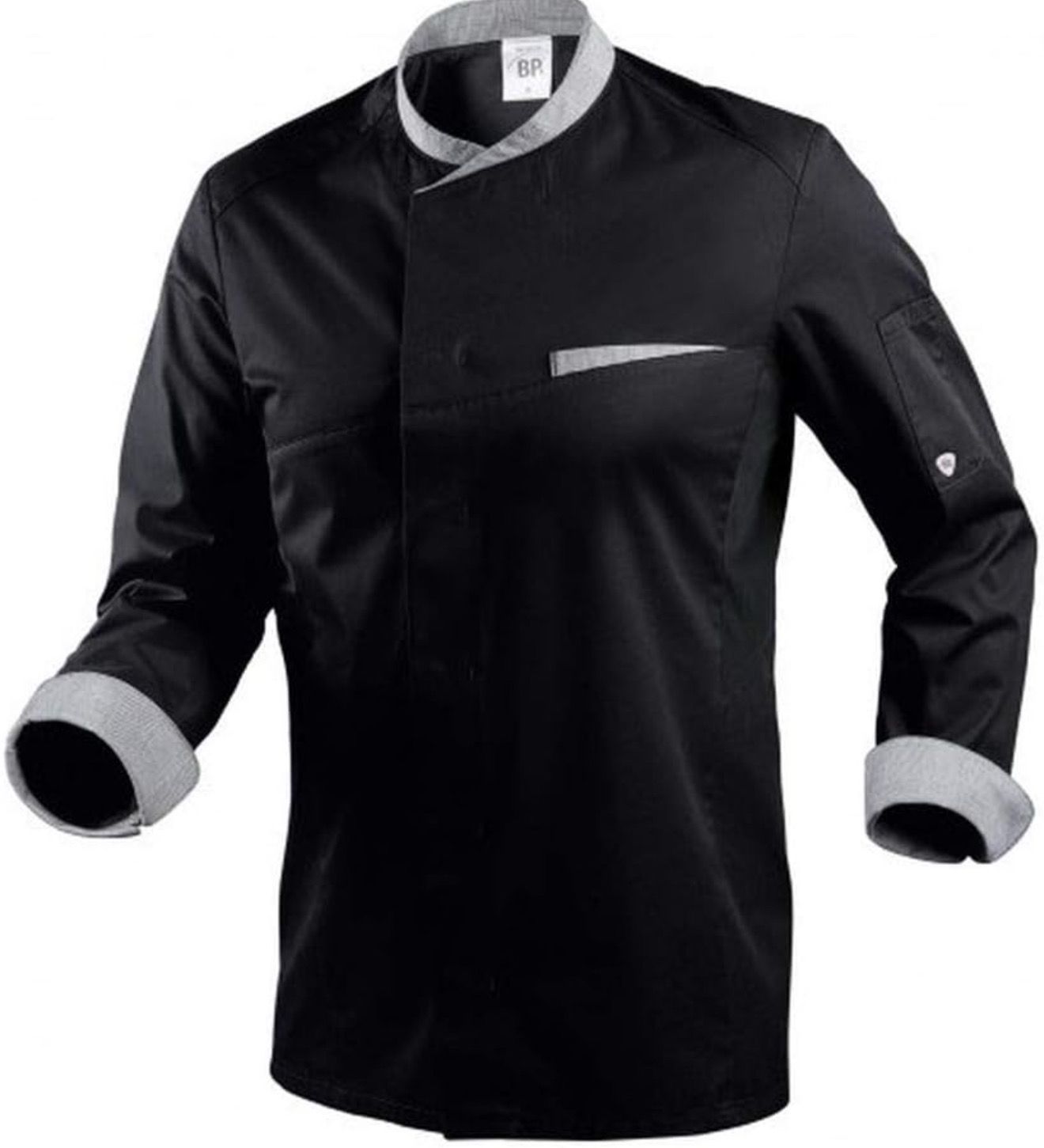 Kochjacke für Männer, Lange Ärmel mit Manschetten und kontrastierendem Stehkragen, 180,00 g/m² Stoffmischung, schwarz, M