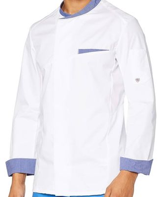 Kochjacke für Männer, Lange Ärmel mit Manschetten und kontrastierendem Stehkragen, 180,00 g/m² Stoffmischung, weiß, S Kochjacke für Männer, Lange Ärmel mit Manschetten und kontrastierendem Stehkragen, 180,00 g/m² Stoffmischung, weiß, S
