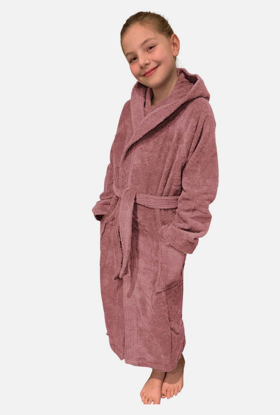 Frottee Bademantel für Kinder mit Taschen Kapuze Gürtel 100% Baumwolle alt pink Größe 164