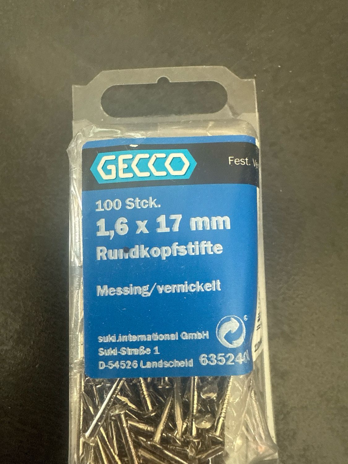 Rundkopfstift Ø 1,6 mm x 17 mm Vermessingt 100 Stück