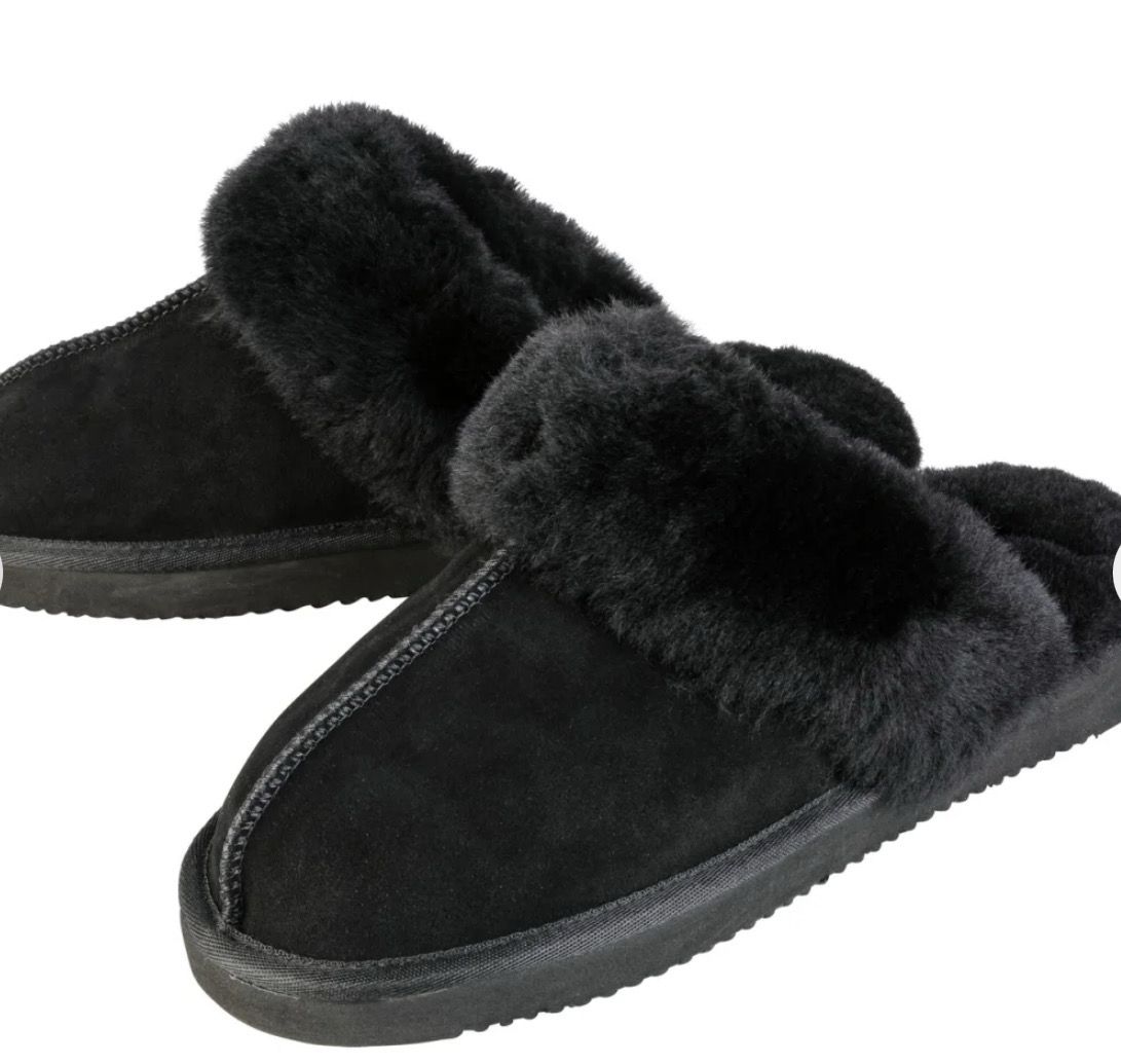 LIVERGY® Herren Lammfell-Hausschuhe mit Leder (schwarz, 45)