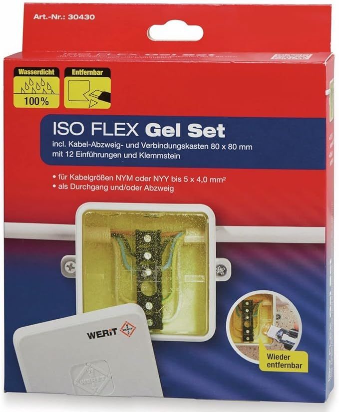 Heidemann ISO Flex Gel-Set (für Kabelgrößen NYM oder NYY bis 5 x 4,0 mm², wasserdicht, entfernbar, bestehend aus Gel, Kabelabzweigkasten, Klemmstein)
