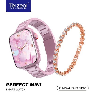 Telzeal Pefect Mini 42 MM Ladies Smart Watch With 4 Pair Straps Diamond Bracelet and Wireless Charger Black