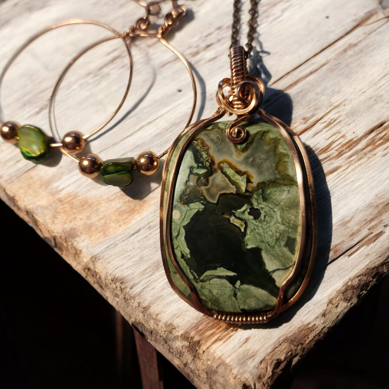 Green Rhyolite Necklace, Abalone hoop earrings included