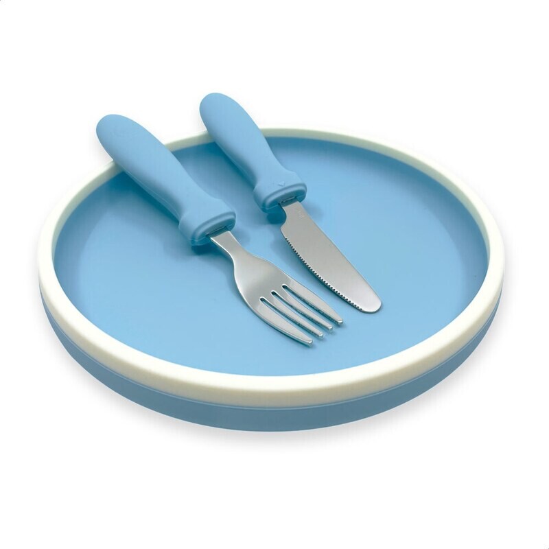 Smikkels | Siliconen bordje met bestek | Blauw
