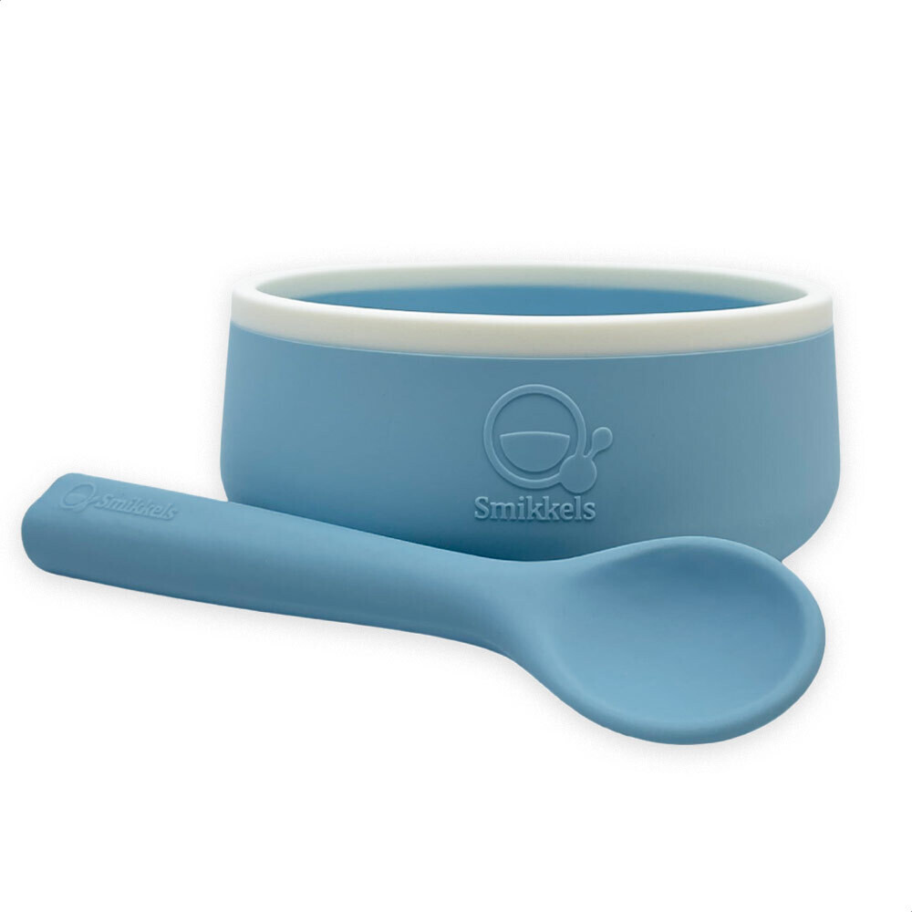 Smikkels | Siliconen kinderkom met lepel | Blauw