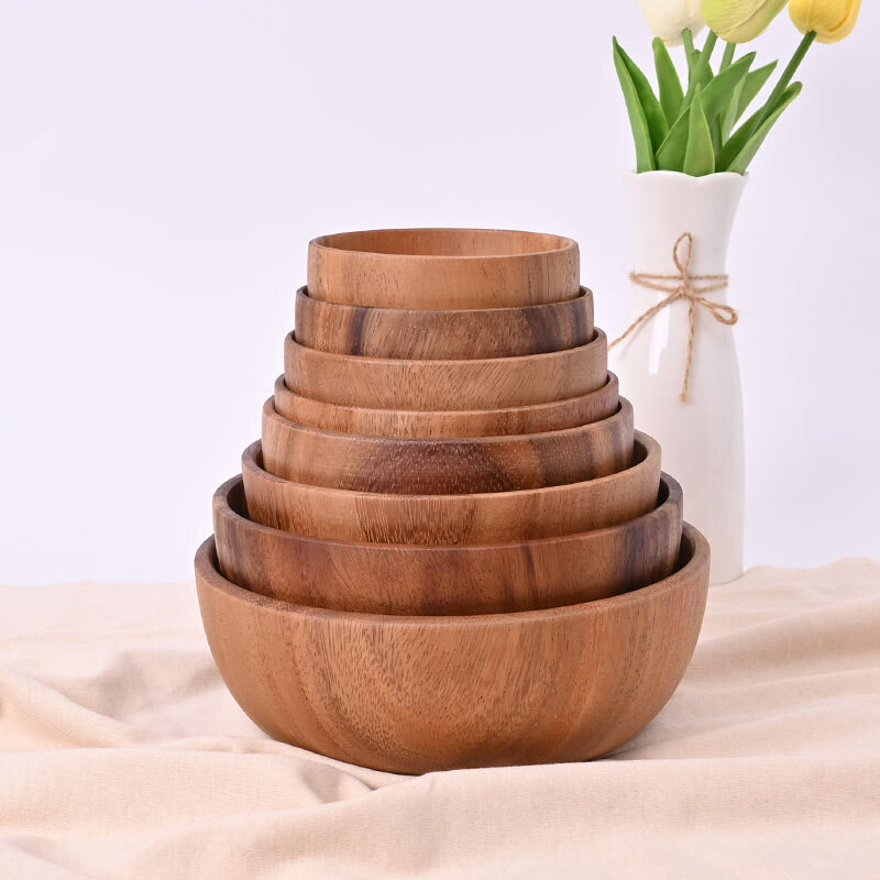 Acacia Wooden Bowl Is Made of Wood excavated from a whole wood piece. Japanese-style Salad Bowl, Anti-scald Soup Bowl, Large Quantity