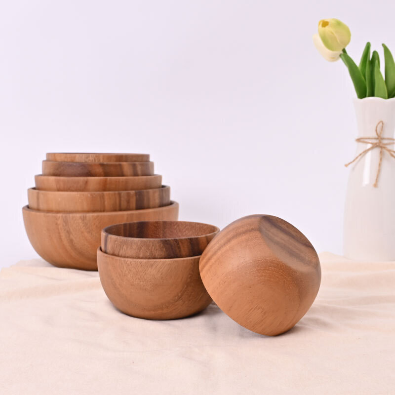 Acacia Wooden Bowl Is Made of Wood excavated from a whole wood piece. Japanese-style Salad Bowl, Anti-scald Soup Bowl, Large Quantity