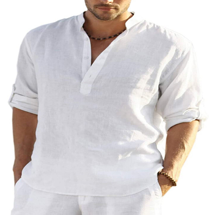 2023  Men's Linen Long-sleeved  Loose Undershirt Solid Color Long-sleeved Cotton And Linen Shirt Men's Plus Size Available