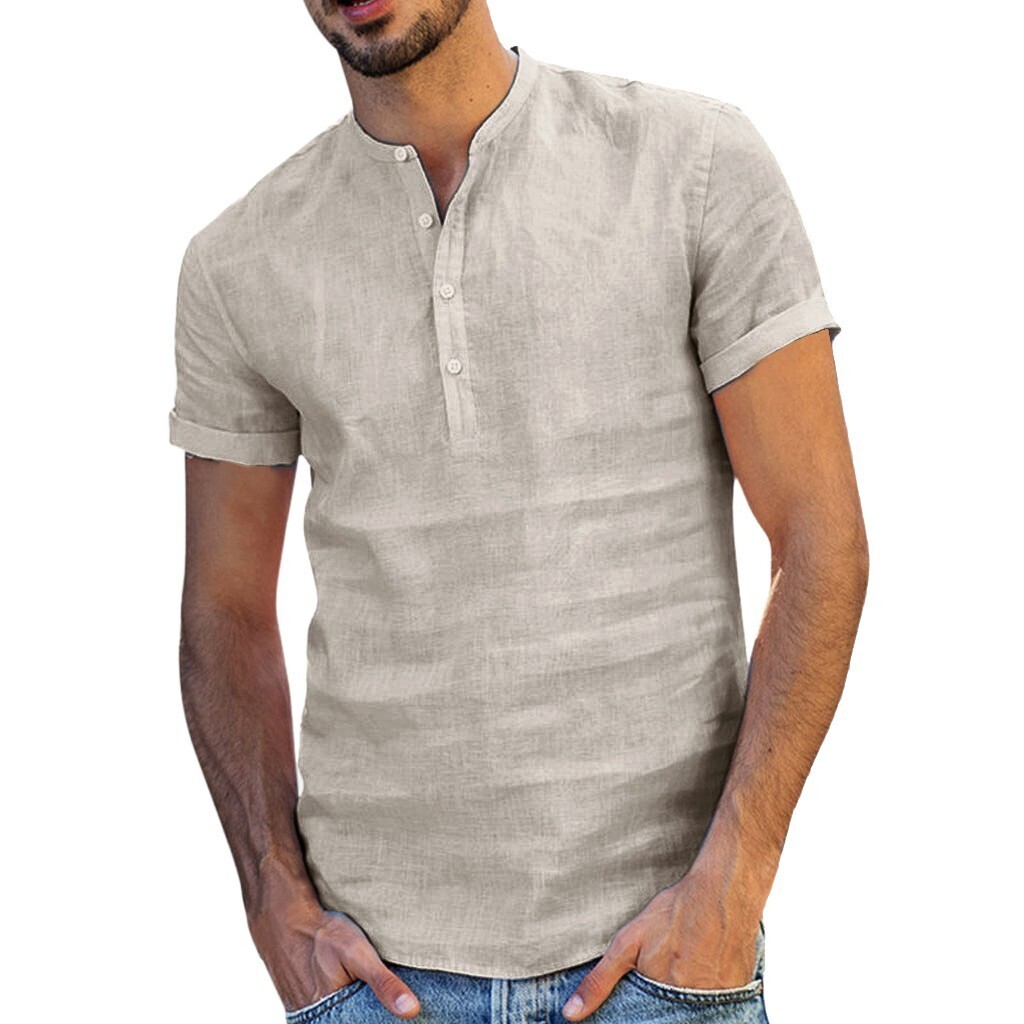 2023 Men's Collarless Cotton Linen Short-sleeved Shirt