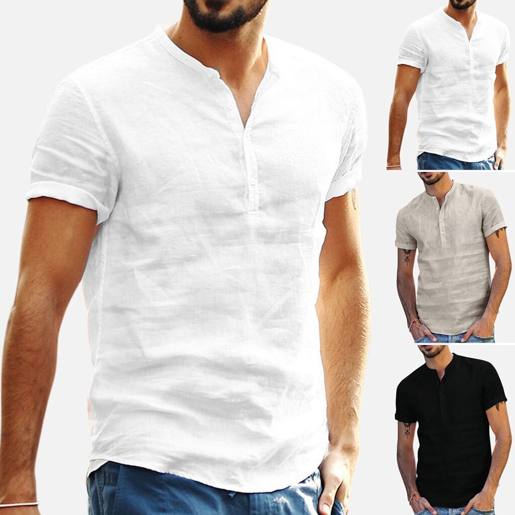 2023 Men's Collarless Cotton Linen Short-sleeved Shirt