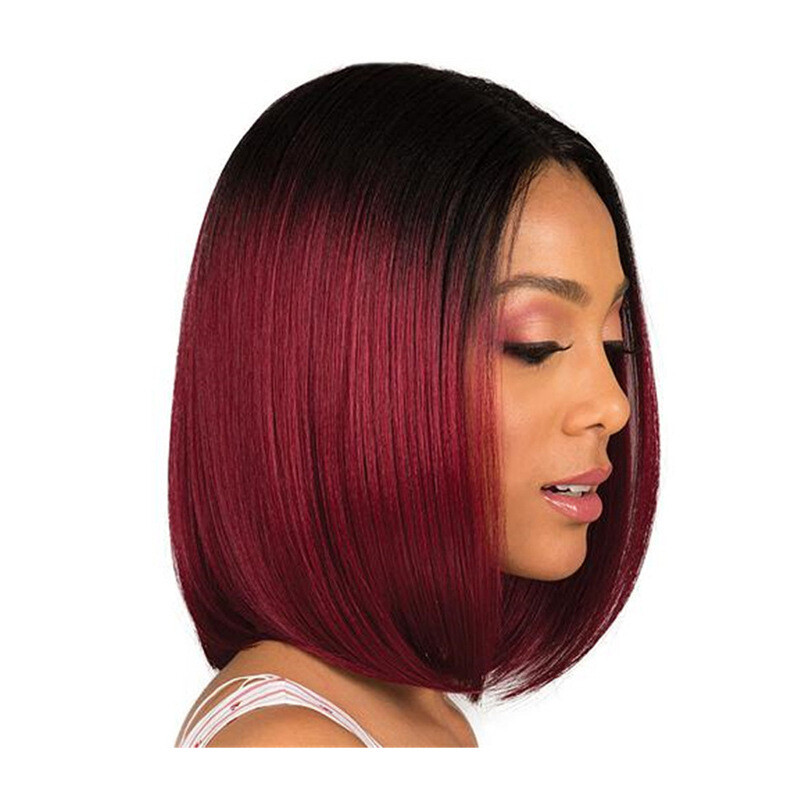 Wig Women's Short Straight Hair Black Gradient Wine Red Bobo Head
