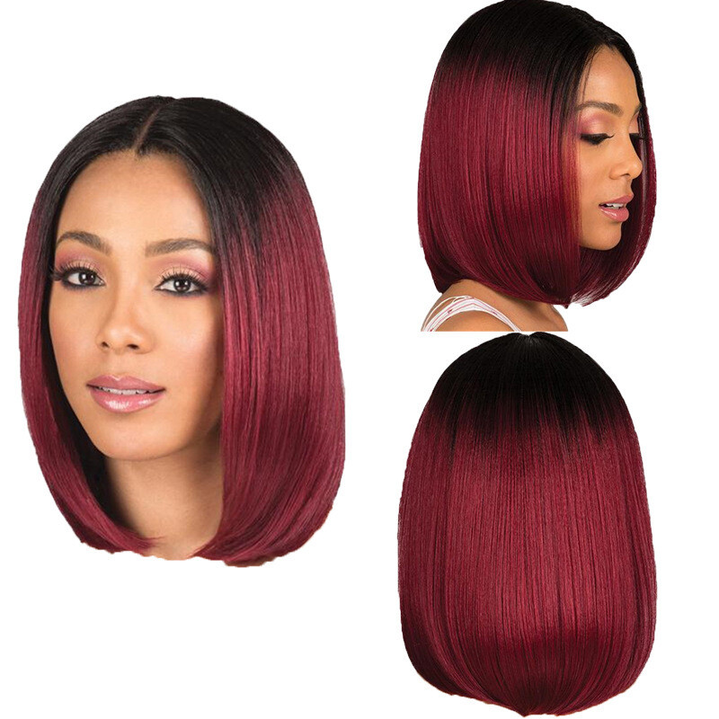 Wig Women's Short Straight Hair Black Gradient Wine Red Bobo Head