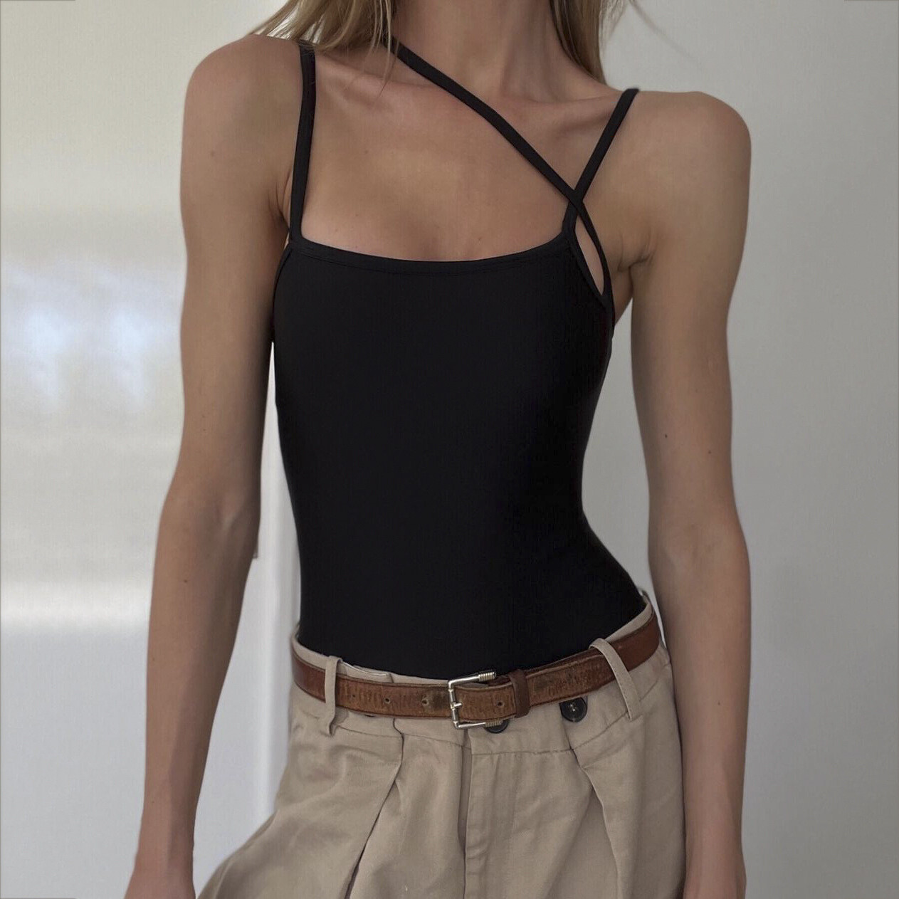 Black Female Summer Top Backless  Bodysuit Three-shoulder Strap