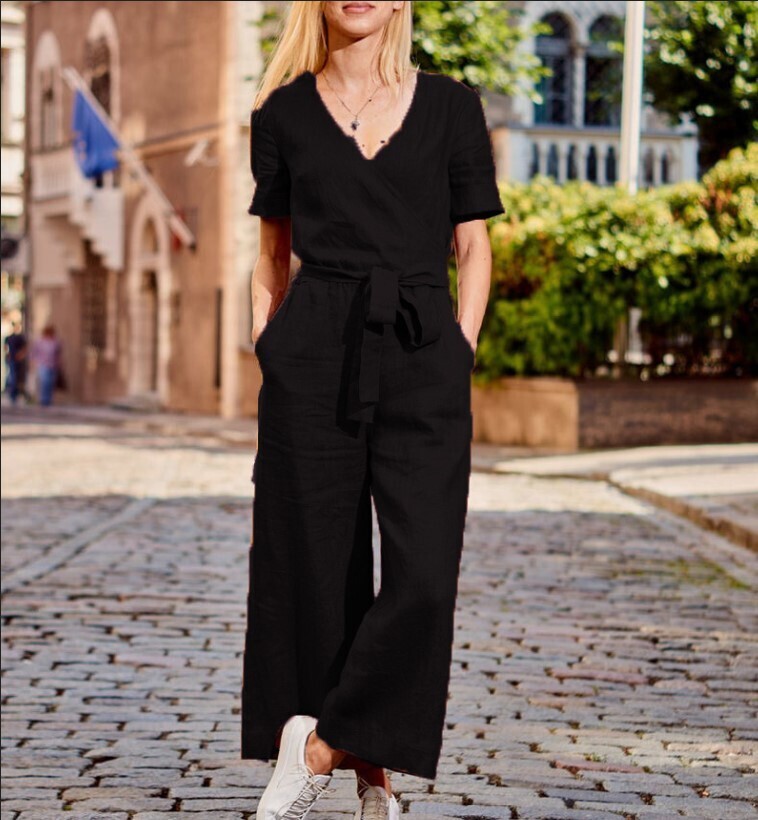 Short-sleeved Solid Color Jumpsuit