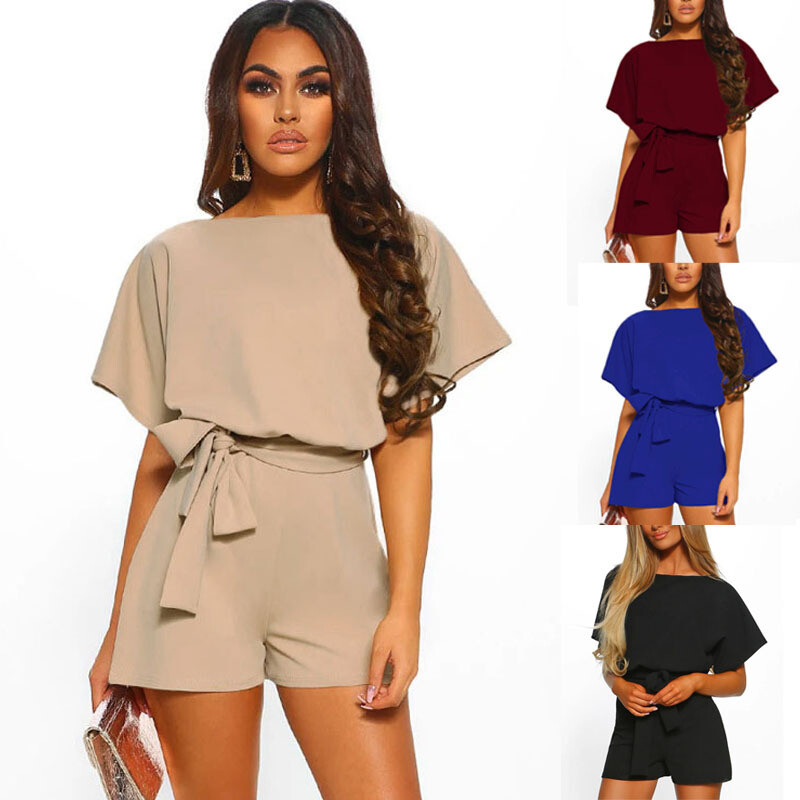 Beautiful Solid Color Belted Short-sleeved Jumpsuit