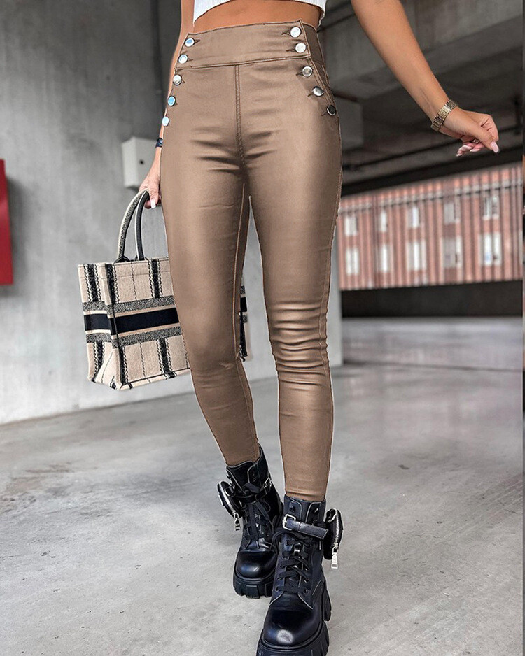 High Waist Slim Fit Faux Leather Trousers Three Colors Four Sizes